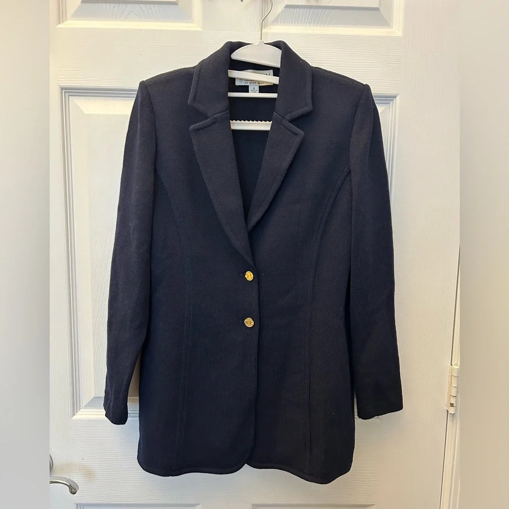 COPY - ! St John Collection navy Santana knit blazer jacket gold nautical cardi…
